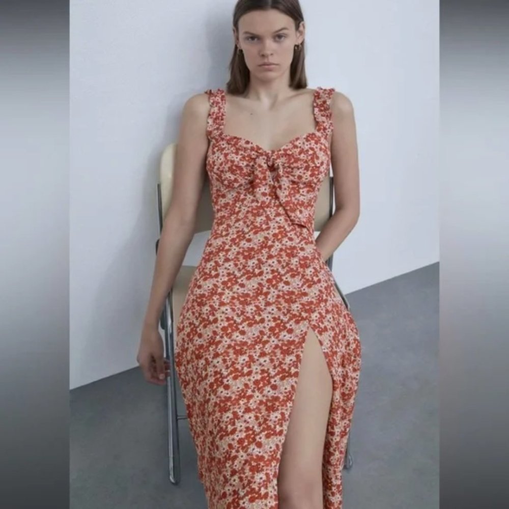 NWT Zara red floral tie front midi dress new with tags Medium